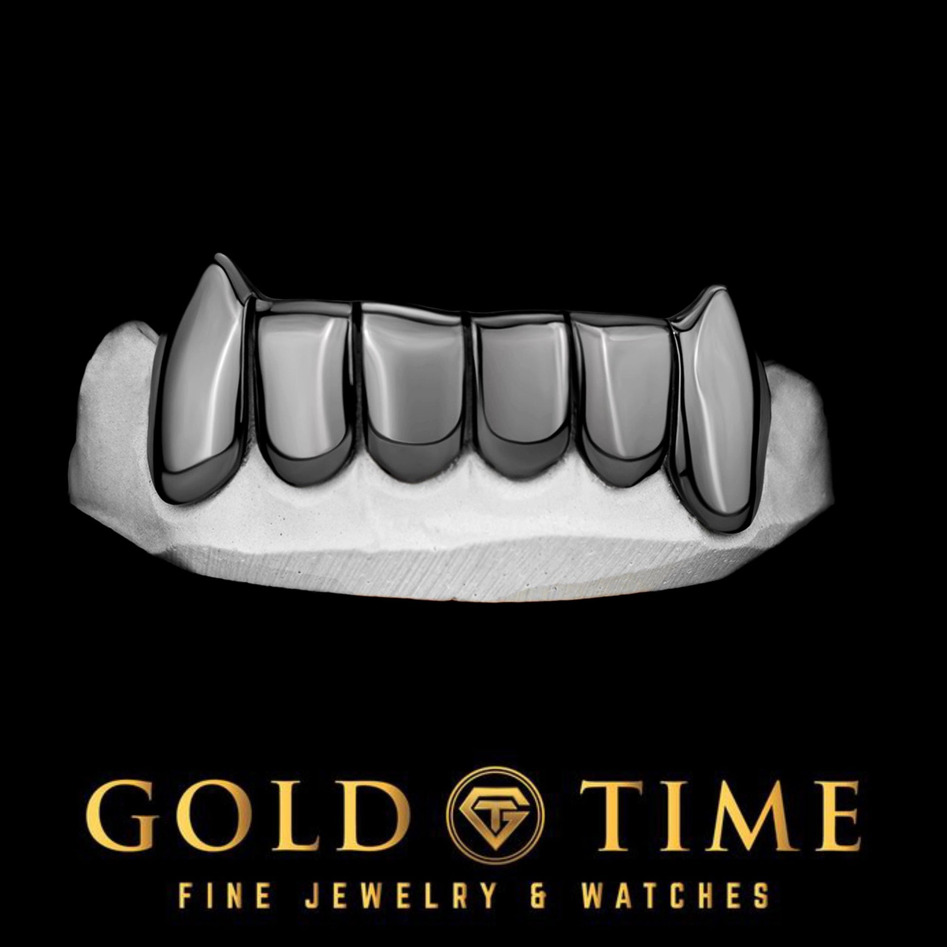 Custom Handmade Grillz – Black Rhodium Canine Fang 6-Piece Grillz - 10K, 14K, or Silver - Top or Bottom - Includes Impression Kit