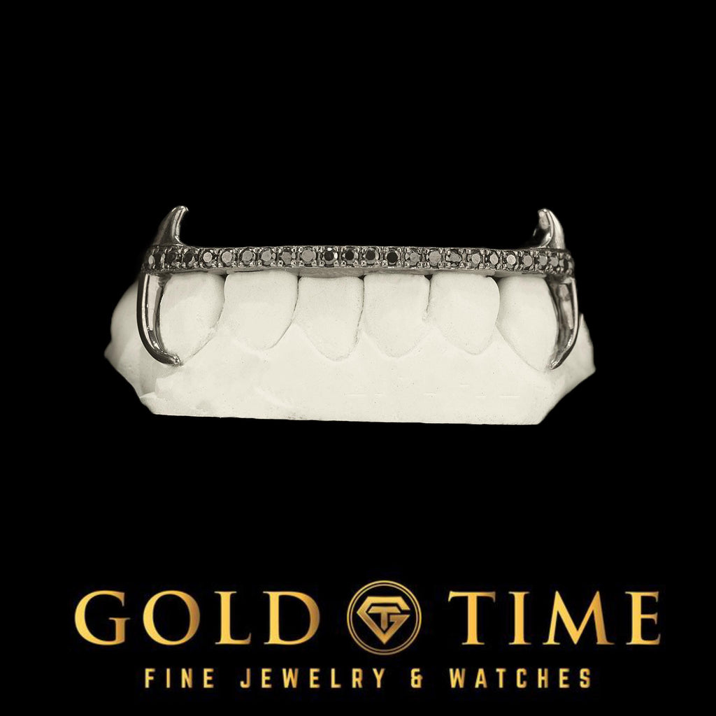 Black Rhodium Grillz – Canine Fang & Hooks with Black CZ Tips - 6-Piece Black Silver Custom Grillz