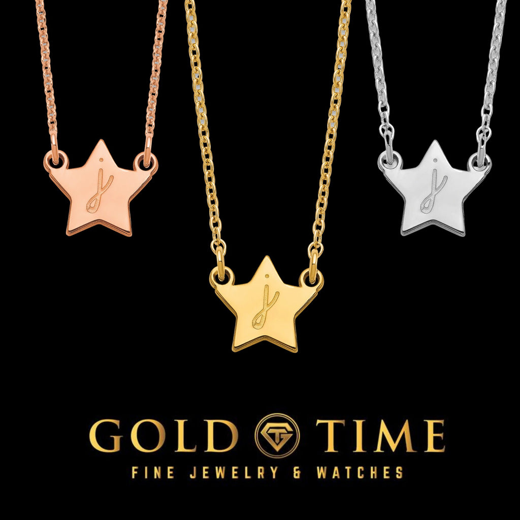 Star Script Initial Pendant Necklace Dainty Minimalist - 18 Inches- Sterling Silver, 10K, 14K Gold - Yellow, White, Rose