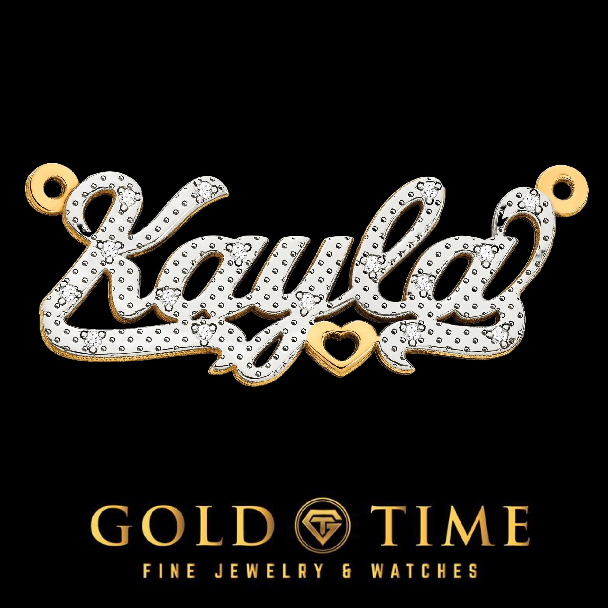 Personalized Solid 10k Two-Tone Gold and Diamond or 14k Two-Tone and Diamond Cursive Nameplate w/ Hearts (up to 9 letters) Made to Order