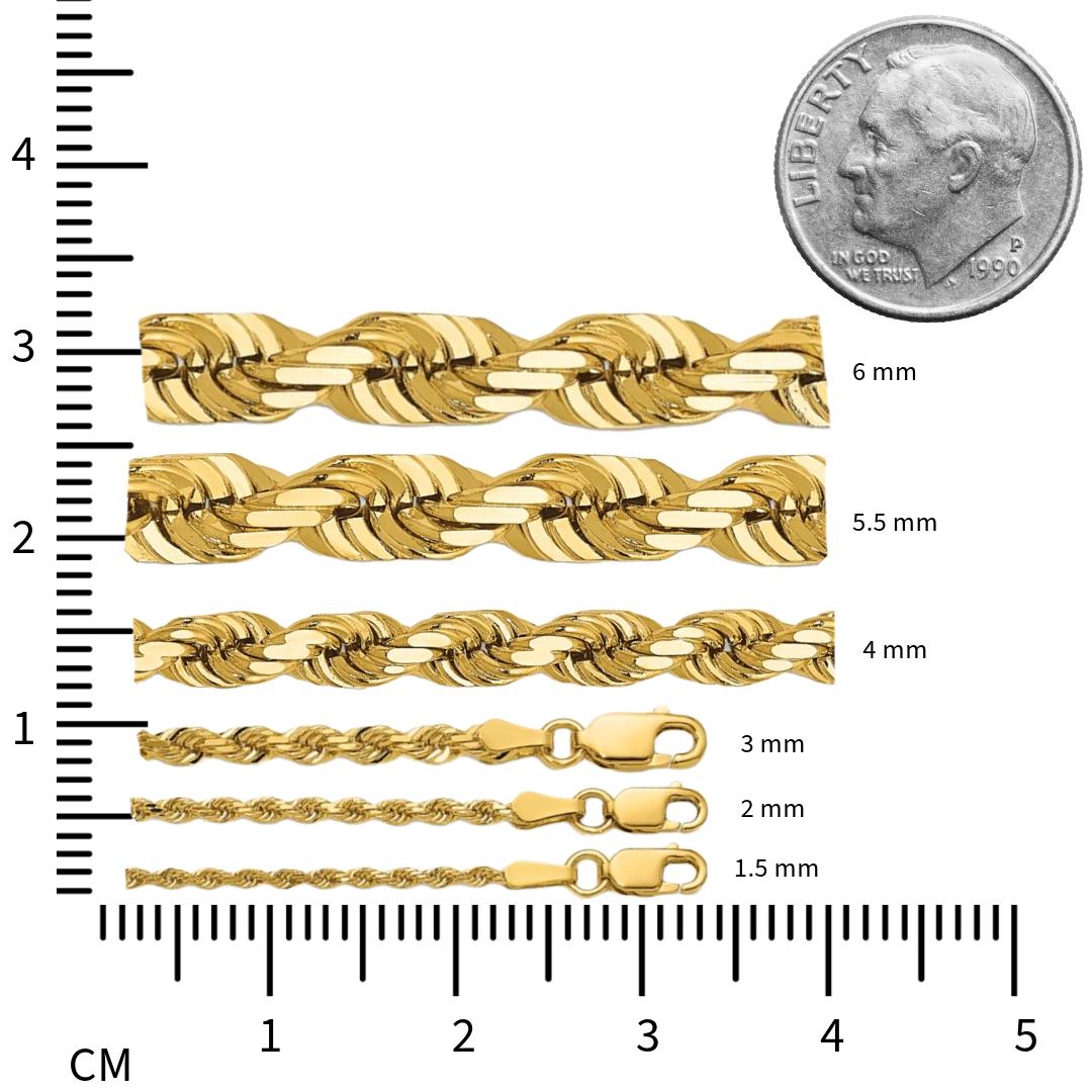 14k Solid Yellow Gold Diamond-Cut Rope Chains - 14 inches to 36 inches - 1.5 mm to 6 mm
