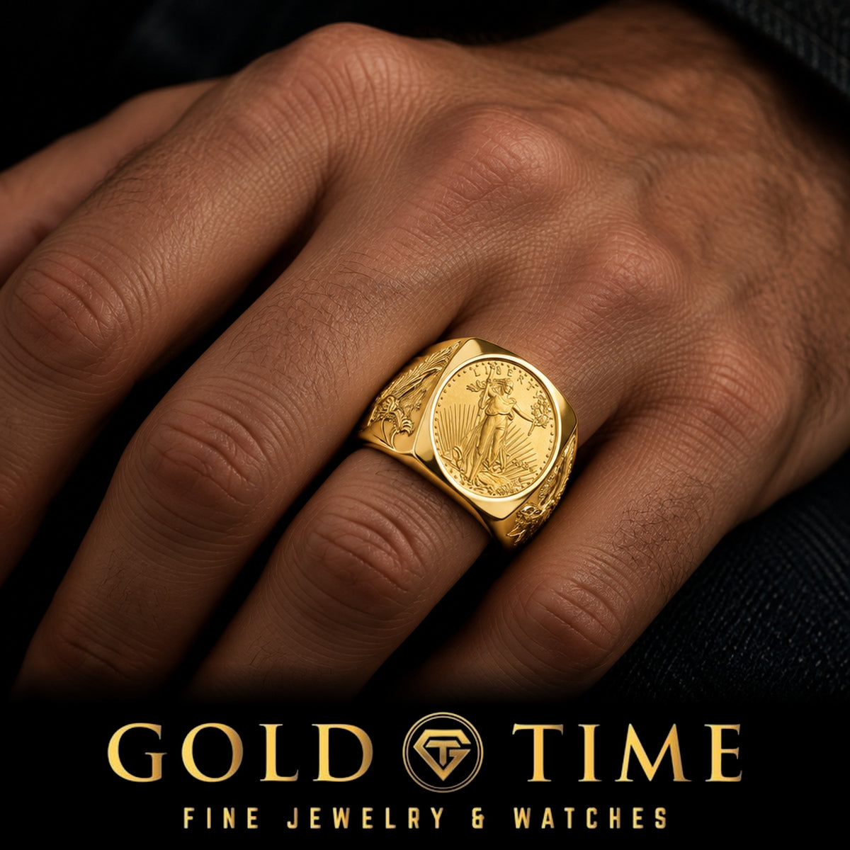 Man's hand wearing the 14k yellow gold men's ring set with a 22k 1/10 oz American Eagle coin, Gold Time