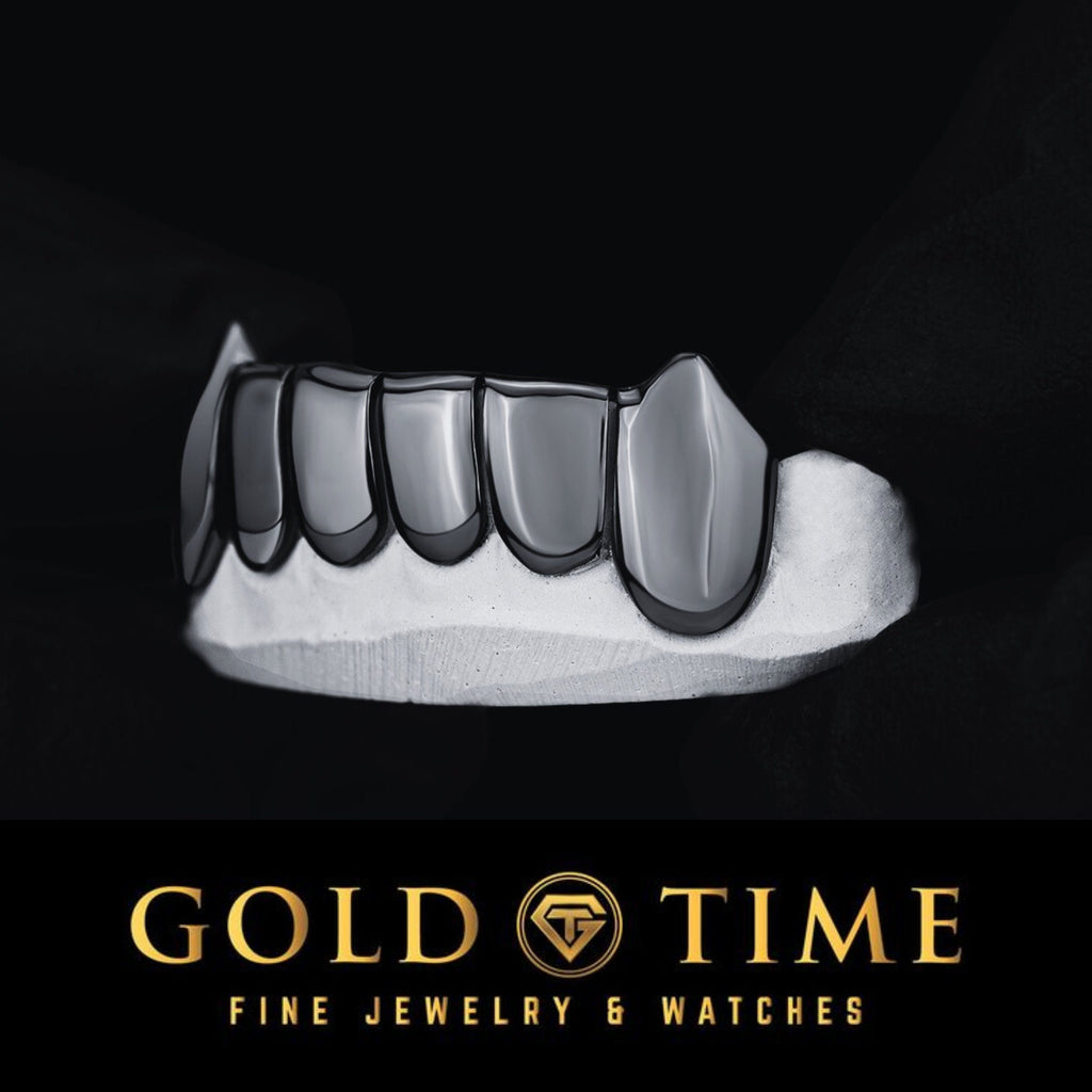 Custom Handmade Grillz – Black Rhodium Canine Fang 6-Piece Grillz - 10K, 14K, or Silver - Top or Bottom - Includes Impression Kit