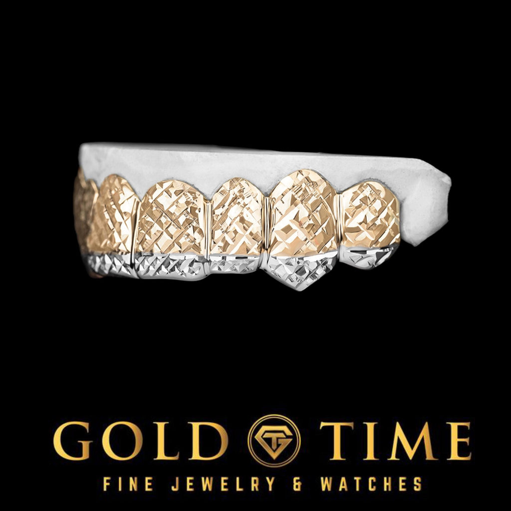 Custom Luxury Grillz - 8 Piece Trillion-Cut with Canine Fangs and White Tips - Includes Free Impression Kit - Silver, 10k, 14k Gold