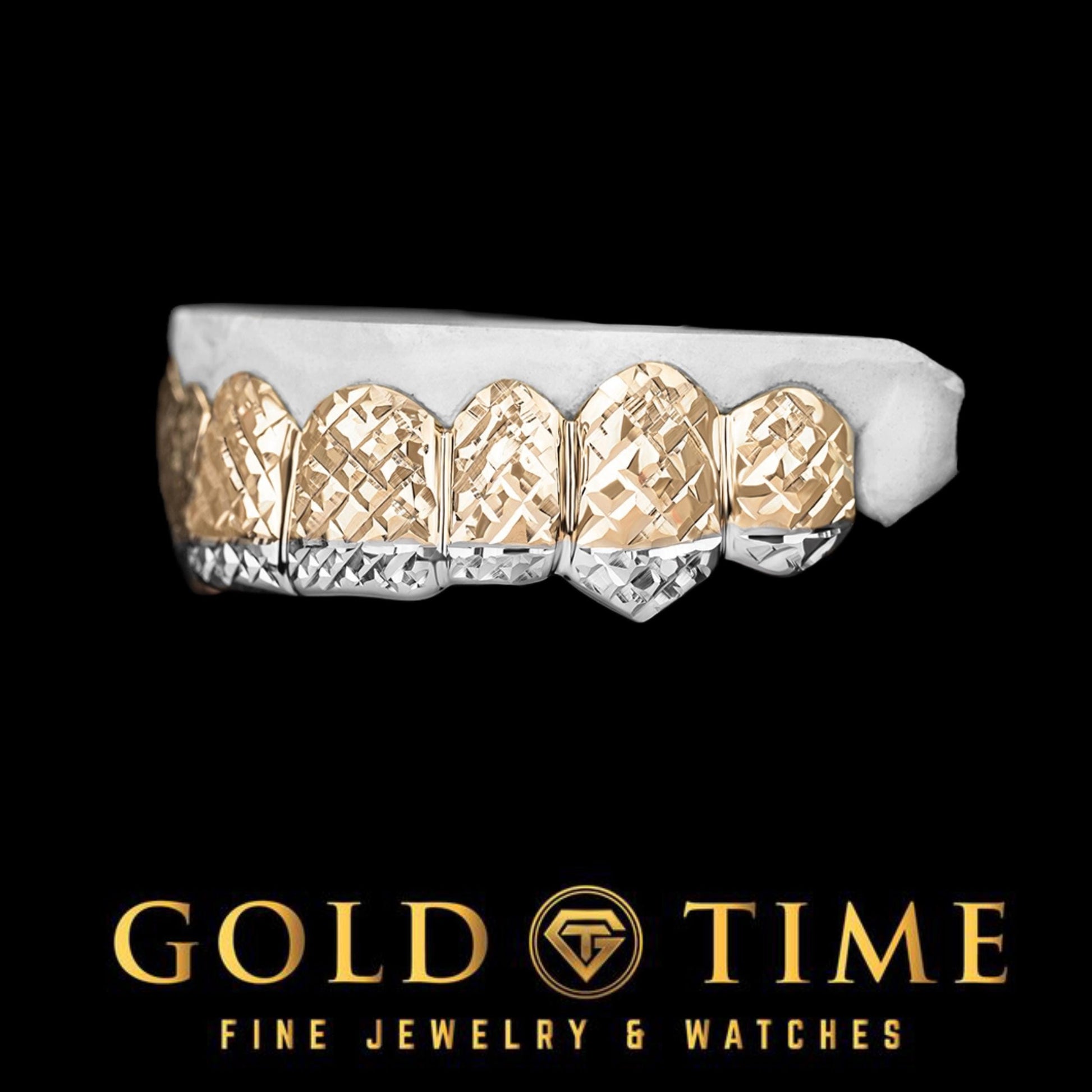 Custom Luxury Grillz - 8 Piece Trillion-Cut with Canine Fangs and White Tips - Includes Free Impression Kit - Silver, 10k, 14k Gold