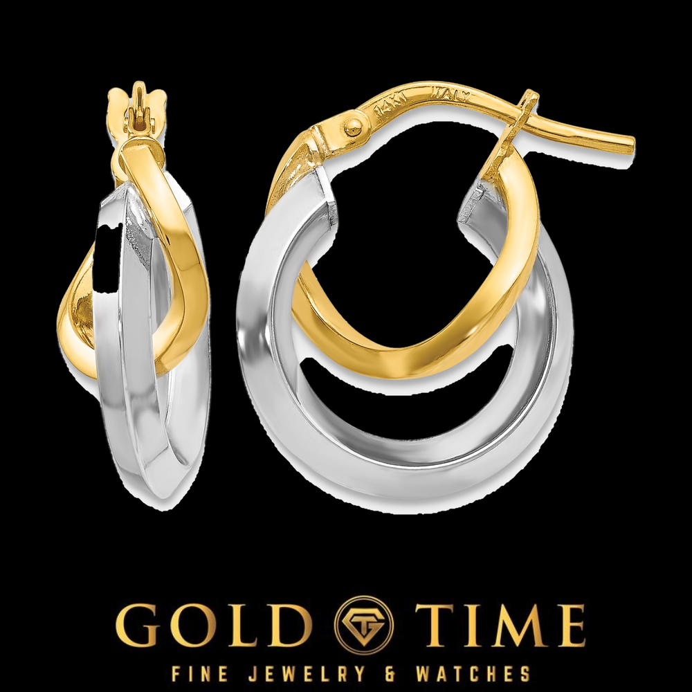14K Two-Tone Gold Double Twisted Hoop Earrings in yellow and white gold, front and side view on a black Gold Time background