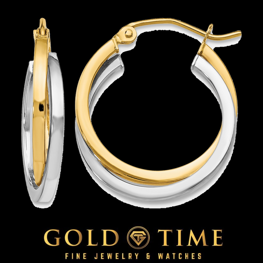 14K Two-Tone Gold Intertwined Double Hoop Earrings in yellow and white gold, front and side view on a black Gold Time background