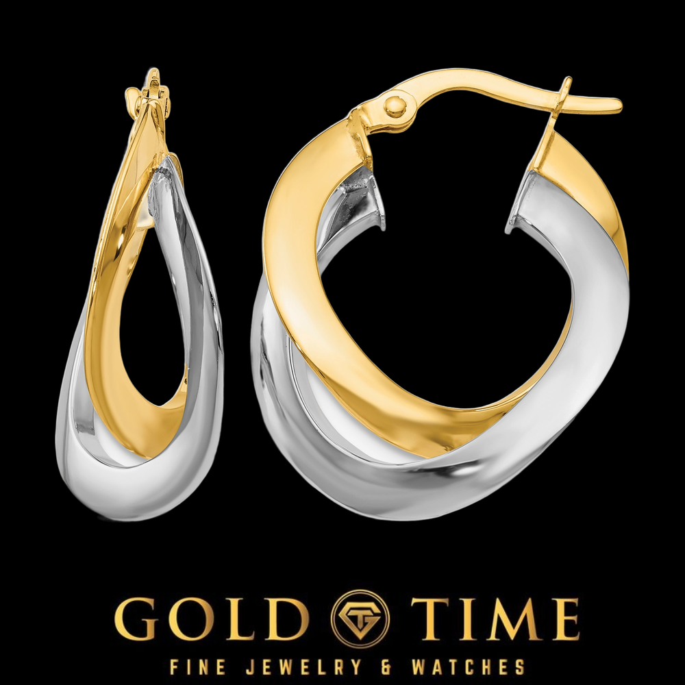 14K Two-Tone Gold Twisted Double Hoop Earrings in yellow and white gold, front and side view on a black Gold Time background