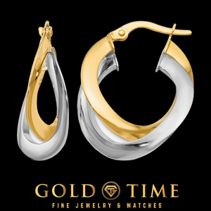 14K Two-Tone Gold Twisted Double Hoop Earrings in yellow and white gold, front and side view on a black Gold Time background