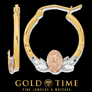 14K Tri-Color Gold Our Lady of Guadalupe Hoop Earrings, front and side view on a black Gold Time background