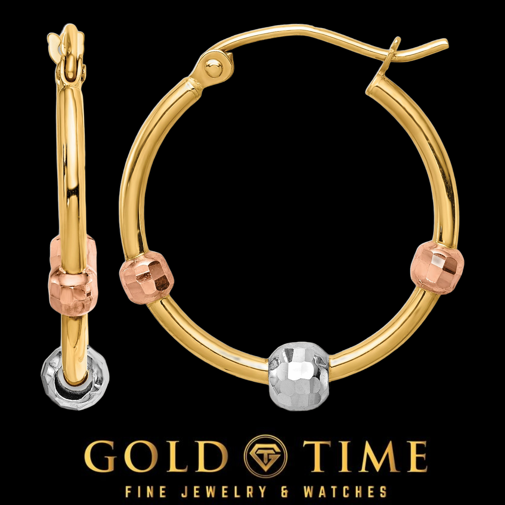 14K Tri-Color Gold Hoop Earrings with Diamond-Cut Beads, front and side view on a black Gold Time background