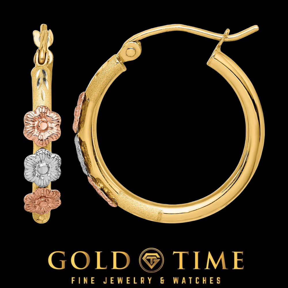 14K Tri-Color Gold Flower Hoop Earrings, Polished and Satin, front and side view on a black Gold Time background