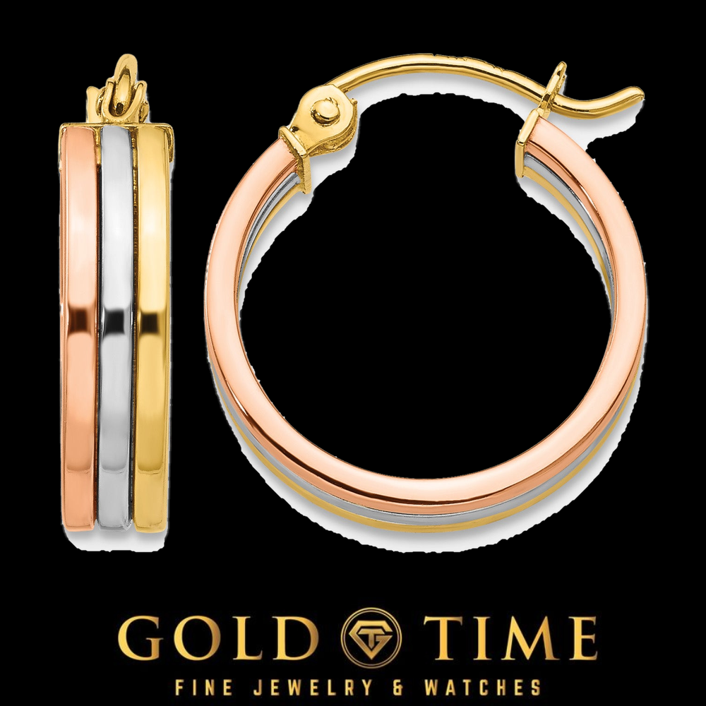 14K Tri-Color Gold Triple Band Hoop Earrings, front and side view on a black Gold Time background