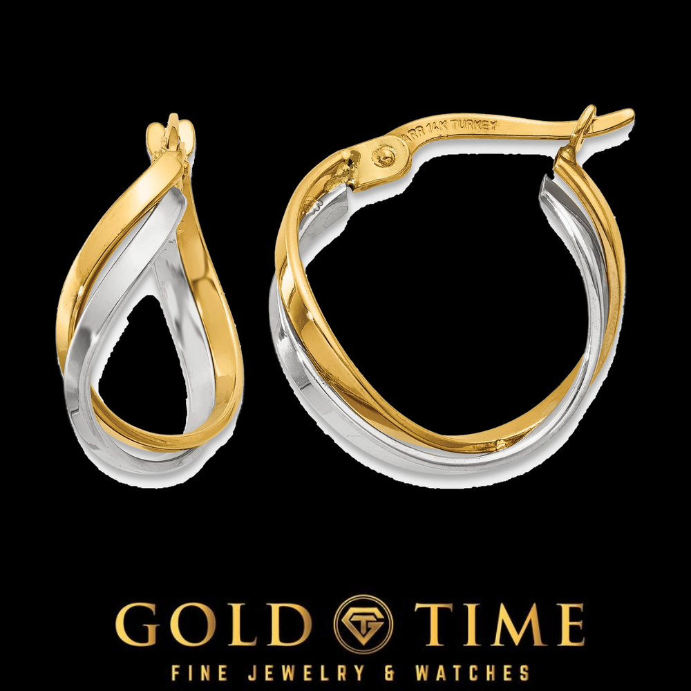 14K Two-Tone Gold Twisted Hoop Earrings in yellow and white gold, front and side view on a black Gold Time background
