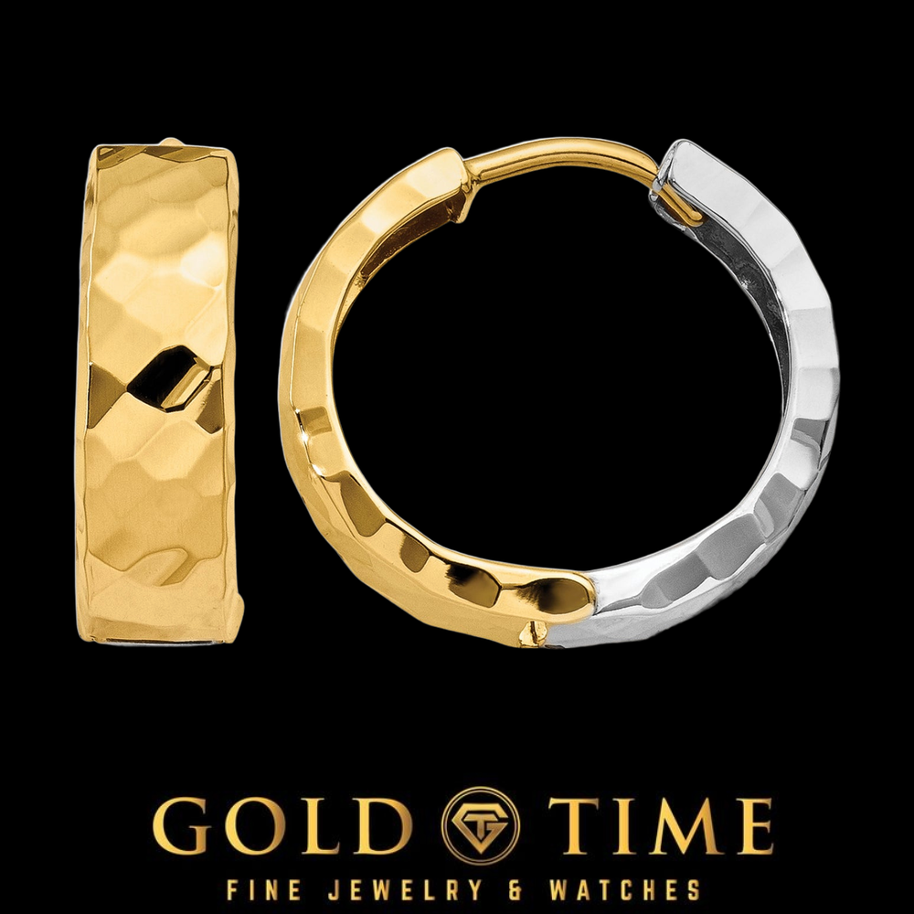 14K Two-Tone Gold Textured Hinged Huggie Earrings in yellow and white gold, front and side view on a black Gold Time background