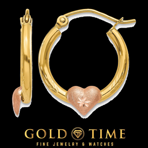 14K Yellow and Rose Gold Heart Hoop Earrings, front and side view on a black Gold Time background