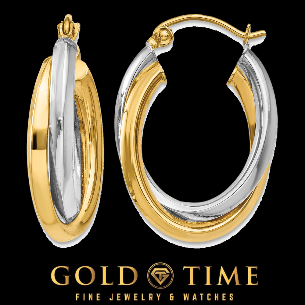 14K Two-Tone Gold Double Oval Hoop Earrings in yellow and white gold, front and side view on a black Gold Time background