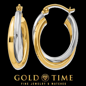 14K Two-Tone Gold Double Oval Hoop Earrings in yellow and white gold, front and side view on a black Gold Time background