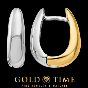 14K Two-Tone Gold U-Shaped Hinged Huggie Earrings, Solid in yellow and white gold, front and side view on a black Gold Time background