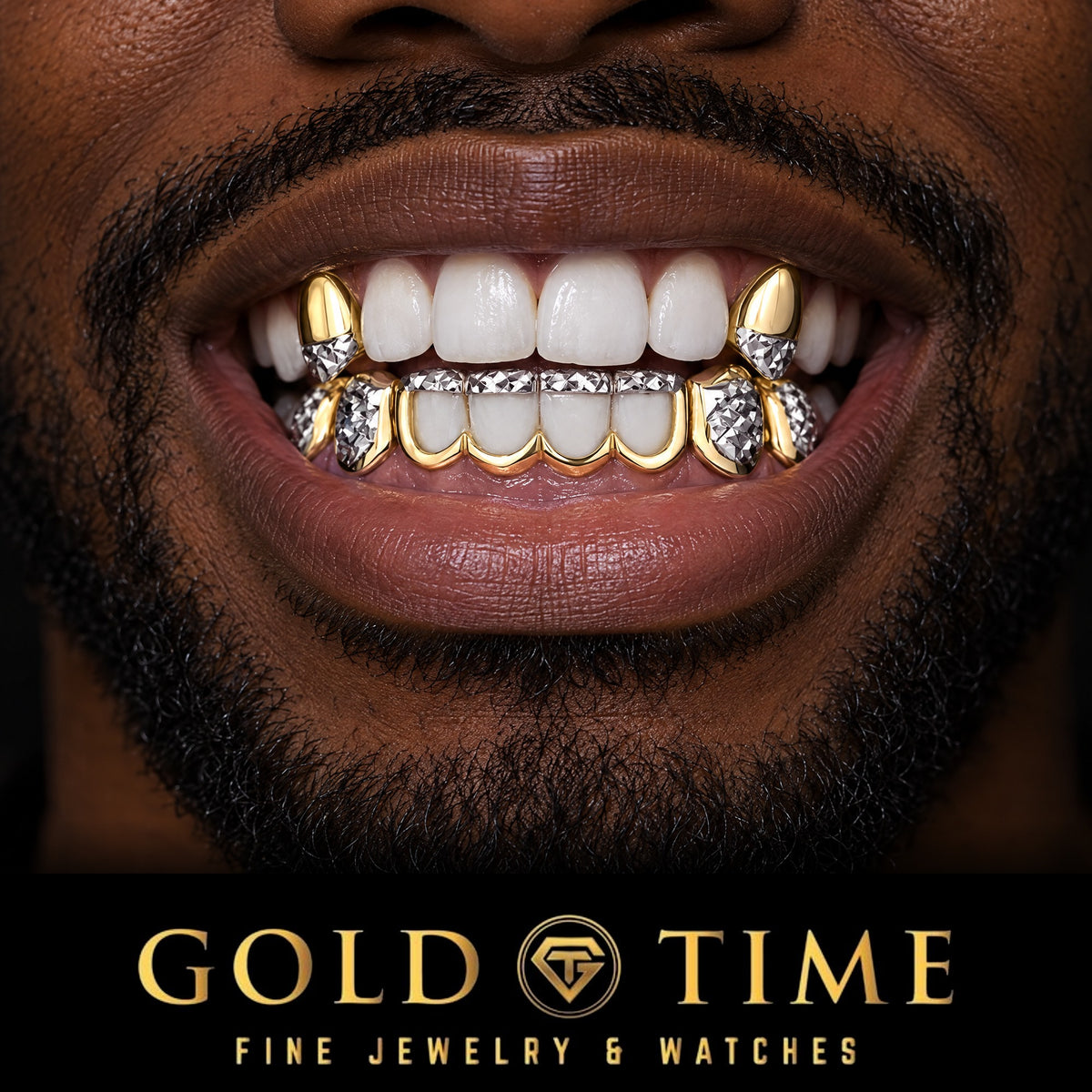 Man smiling in a two-tone 10 piece grillz set with trillion tip top canines and open window bottom teeth, Gold Time