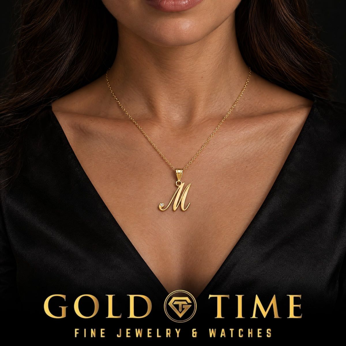 Woman wearing a 14K yellow gold script M initial pendant with a natural diamond accent, Gold Time