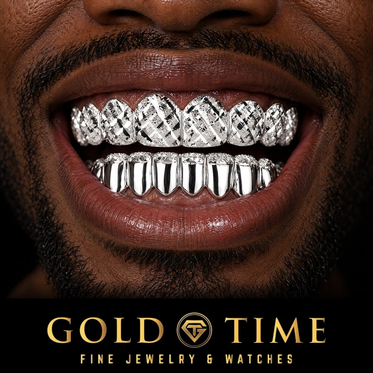 Man smiling in a silver 16 piece grillz set with a trillion diamond-cut top and polished bottom with diamond dust tips, Gold Time