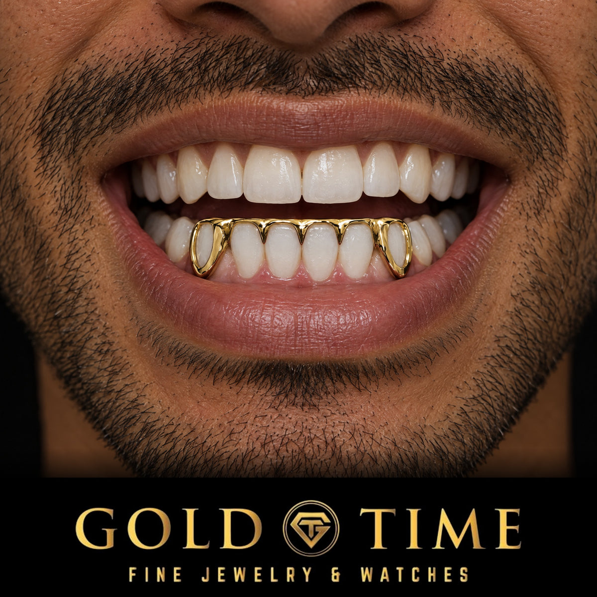 Man smiling in a yellow gold 6 piece bottom grill with open face canines and spike center tips, Gold Time