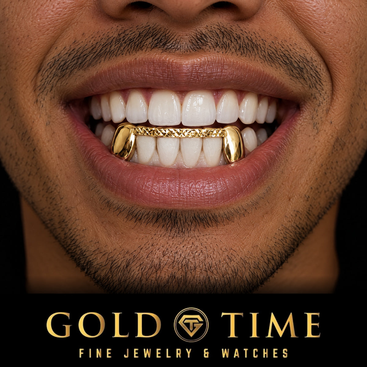 Man smiling in a yellow gold 6 piece grill with solid canines joined by a trillion diamond-cut tip bar, worn on the bottom teeth, Gold Time