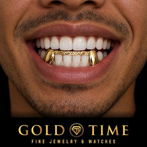 Man smiling in a yellow gold 6 piece grill with solid canines joined by a trillion diamond-cut tip bar, worn on the bottom teeth, Gold Time
