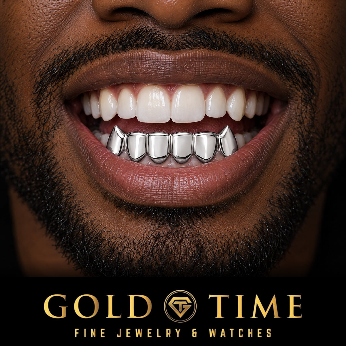 Man smiling in a white gold 6 piece solid grill with pointed canine fangs on his bottom teeth, Gold Time