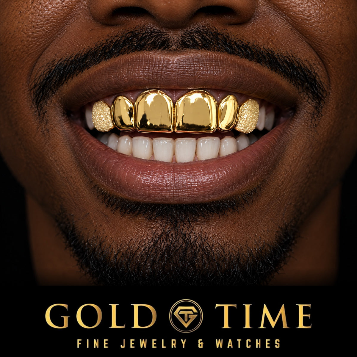 Man smiling in a yellow gold 6 piece grill with solid polished fronts, perm cuts and diamond dust canines, Gold Time