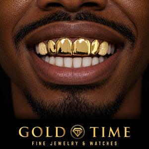 Man smiling in a yellow gold 6 piece grill with solid polished fronts, perm cuts and diamond dust canines, Gold Time