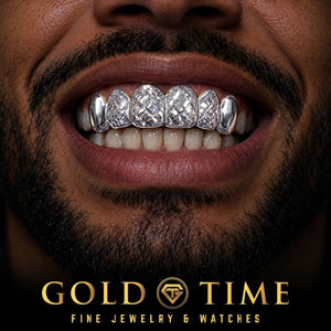 Man wearing a silver 6 piece top grill with trillion diamond-cut fronts and solid canines, Gold Time