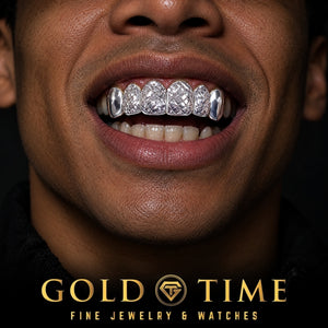 Close up smile with 6 piece trillion cut grillz and polished solid canine caps, Gold Time