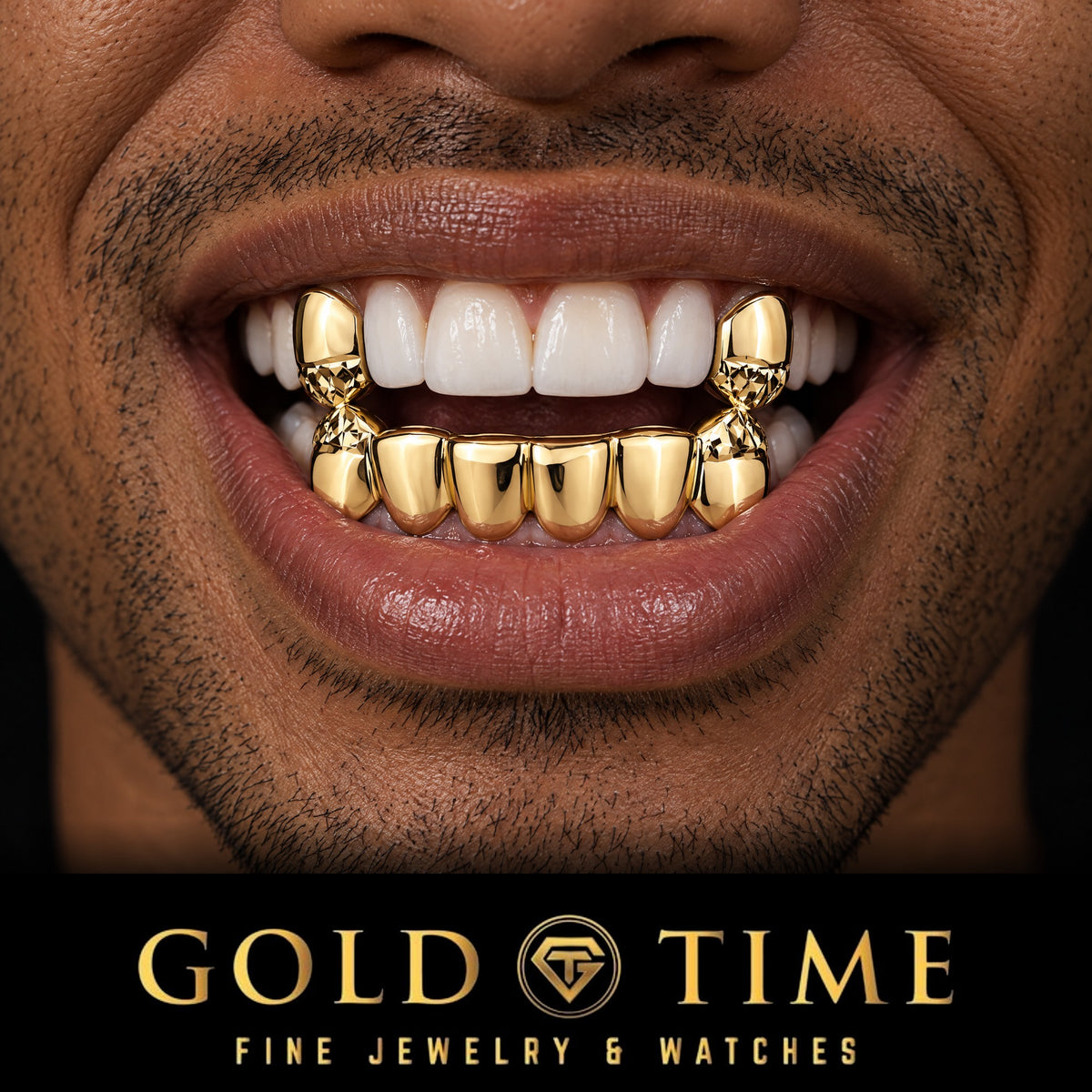 Man smiling in a yellow gold 8 piece grillz set with solid top canines and six bottom teeth with trillion diamond-cut tips, Gold Time