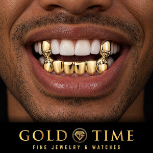 Man smiling in a yellow gold 8 piece grillz set with solid top canines and six bottom teeth with trillion diamond-cut tips, Gold Time