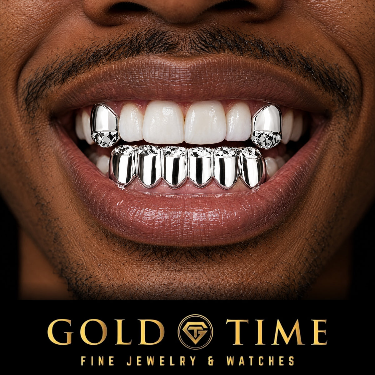 Man smiling in a silver 8 piece top and bottom grillz set with trillion cut tips, Gold Time