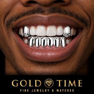 Man smiling in a silver 8 piece top and bottom grillz set with trillion cut tips, Gold Time