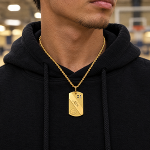 Gold plated basketball dog tag pendant with number 21 and the name Alex, worn over a black hoodie, lifestyle photo, Gold Time