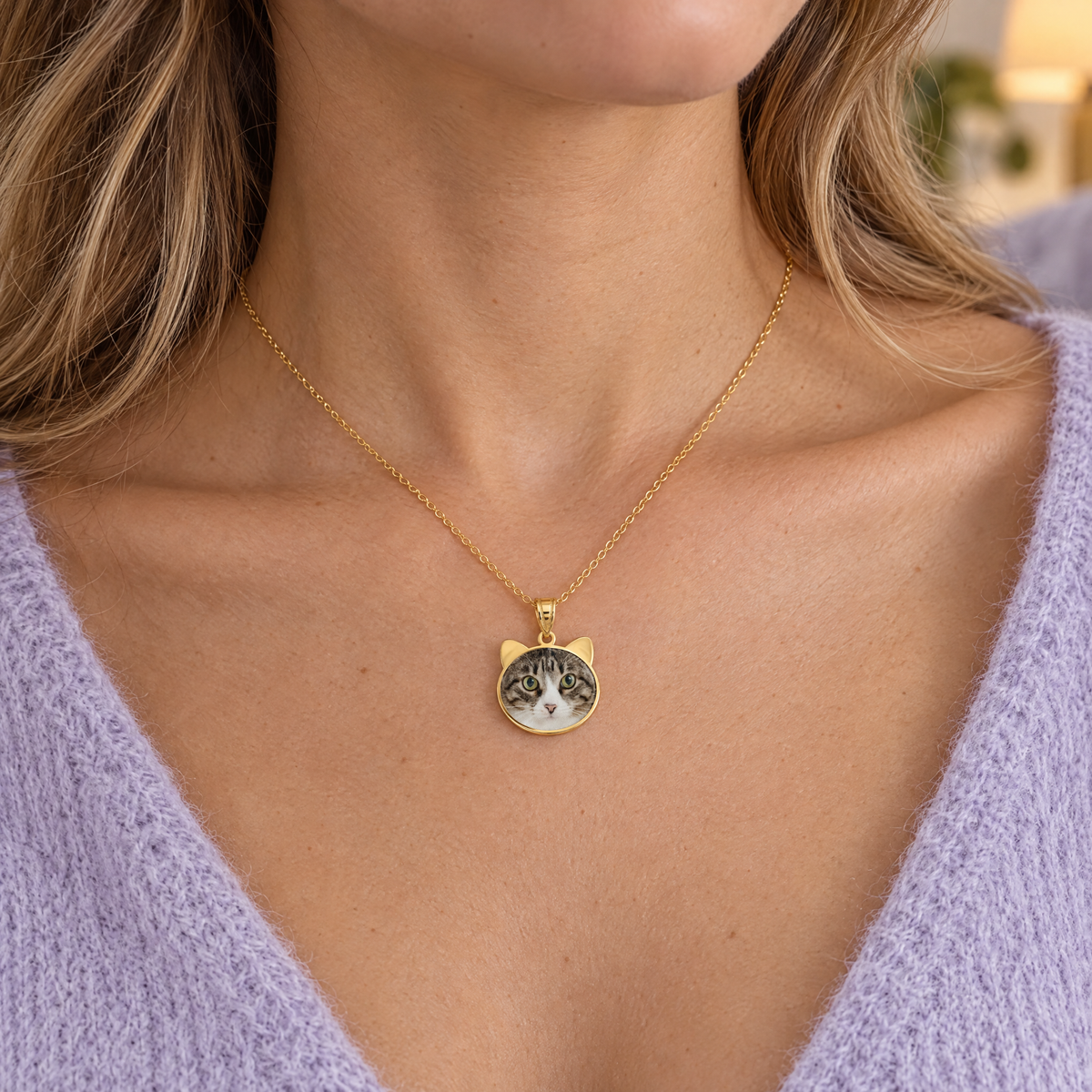 Gold plated cat head photo pendant with a tabby cat photo, worn by a woman, lifestyle photo, Gold Time