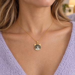 Gold plated cat head photo pendant with a tabby cat photo, worn by a woman, lifestyle photo, Gold Time