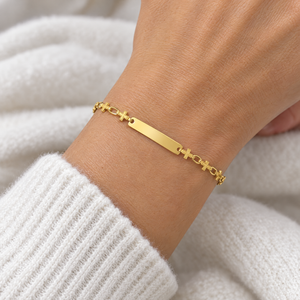Gold plated cross link ID bracelet with a blank engravable plate, worn on a woman's wrist, lifestyle photo, Gold Time