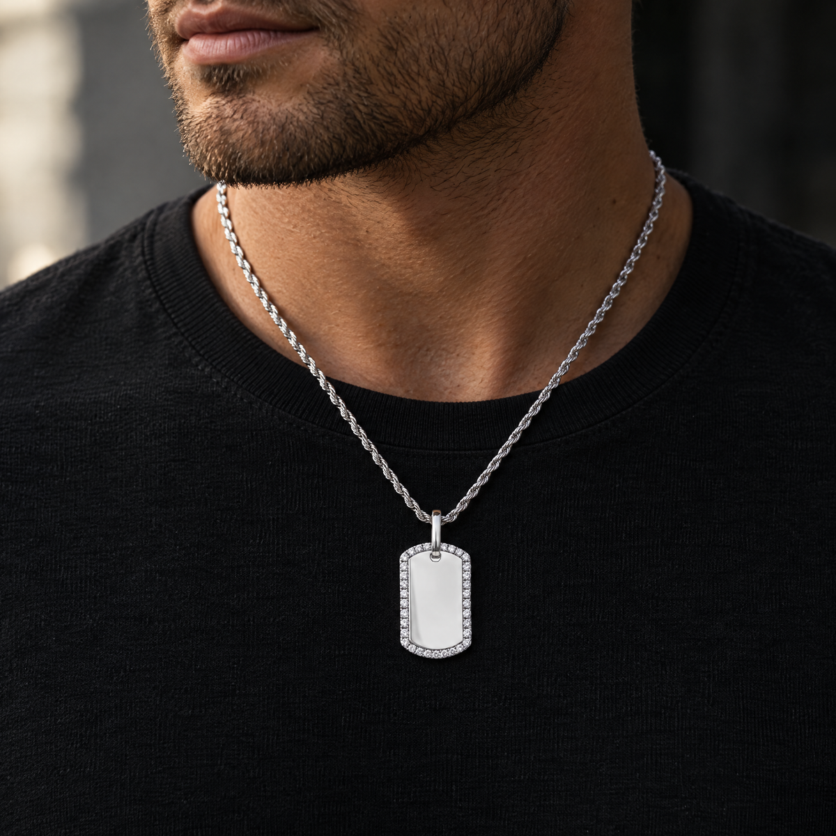 14K white gold diamond border dog tag pendant worn on a rope chain over a black t-shirt, lifestyle photo, Gold Time
