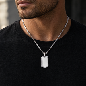 14K white gold diamond border dog tag pendant worn on a rope chain over a black t-shirt, lifestyle photo, Gold Time