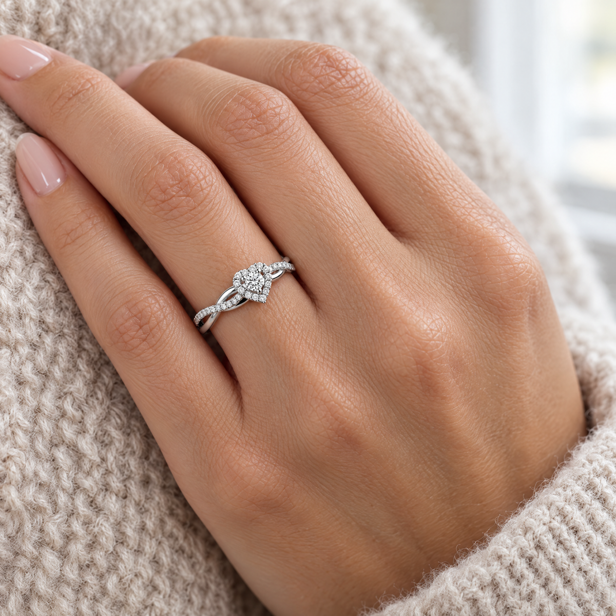 14K white gold diamond promise heart ring worn on a woman's ring finger, lifestyle photo, Gold Time