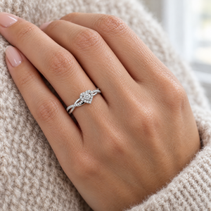 14K white gold diamond promise heart ring worn on a woman's ring finger, lifestyle photo, Gold Time