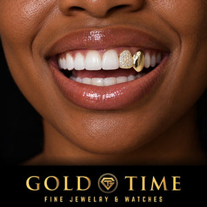 Woman laughing in a double cap grill with a moissanite iced incisor and a solid yellow gold canine cap, Gold Time