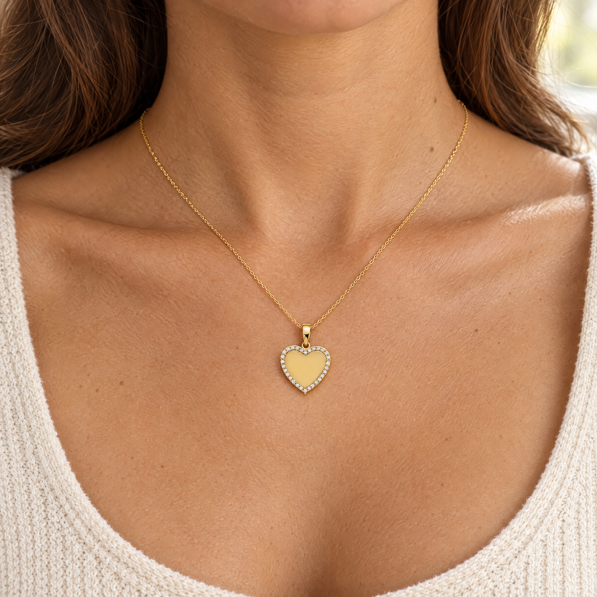 14K yellow gold heart pendant with cubic zirconia halo, worn on a fine chain by a woman, lifestyle photo, Gold Time
