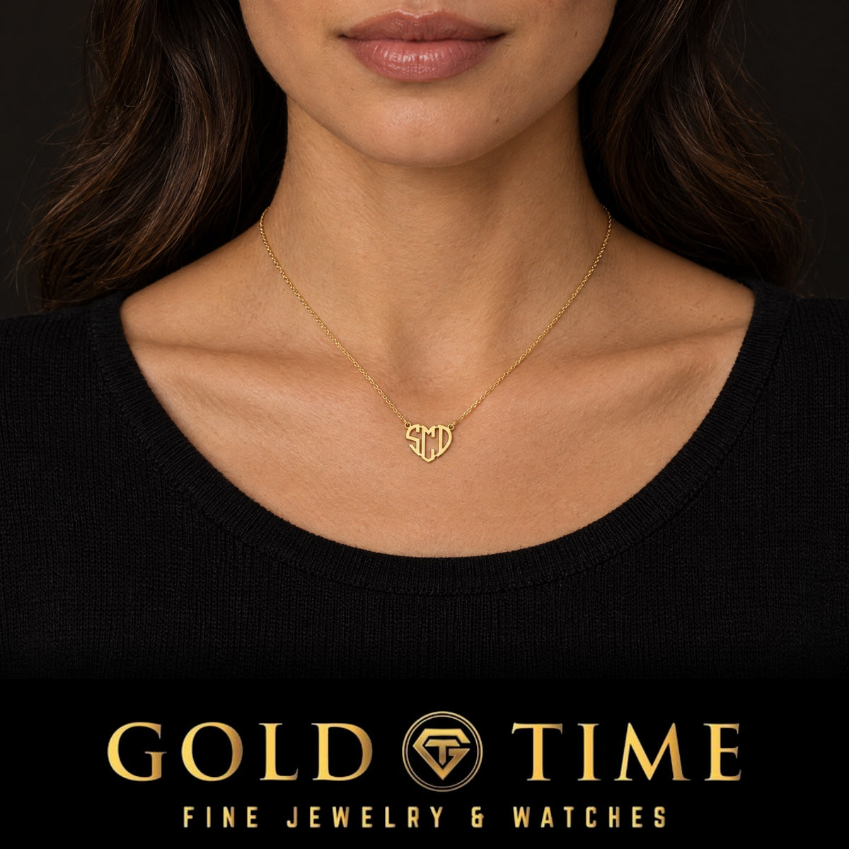Woman wearing the small yellow gold heart monogram necklace with three block initials, Gold Time