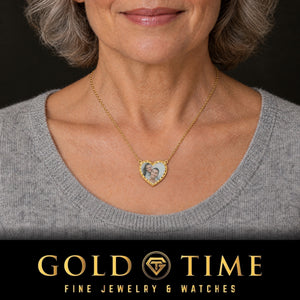 Woman in a grey sweater wearing the gold heart photo pendant necklace with a diamond-cut frame, Gold Time